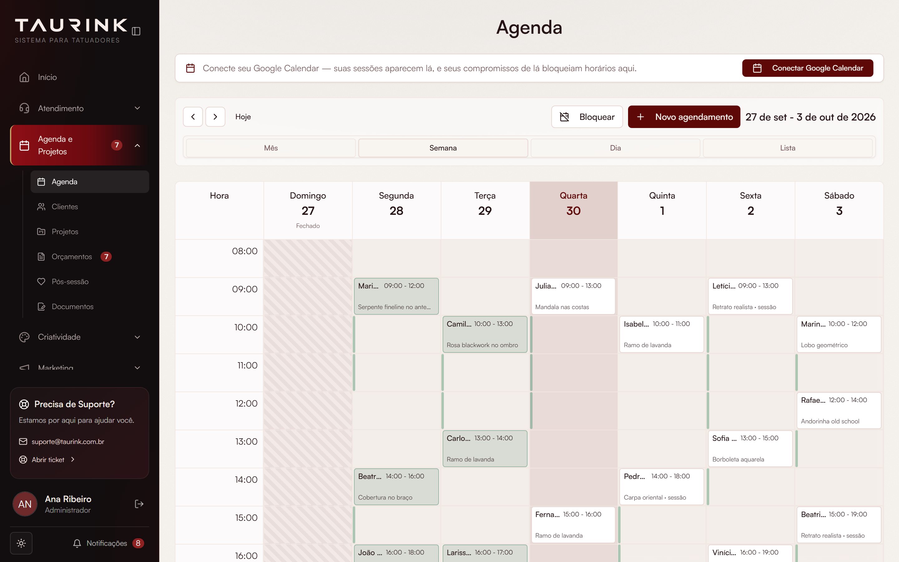 Agenda semanal do sistema com horários e sessões organizados