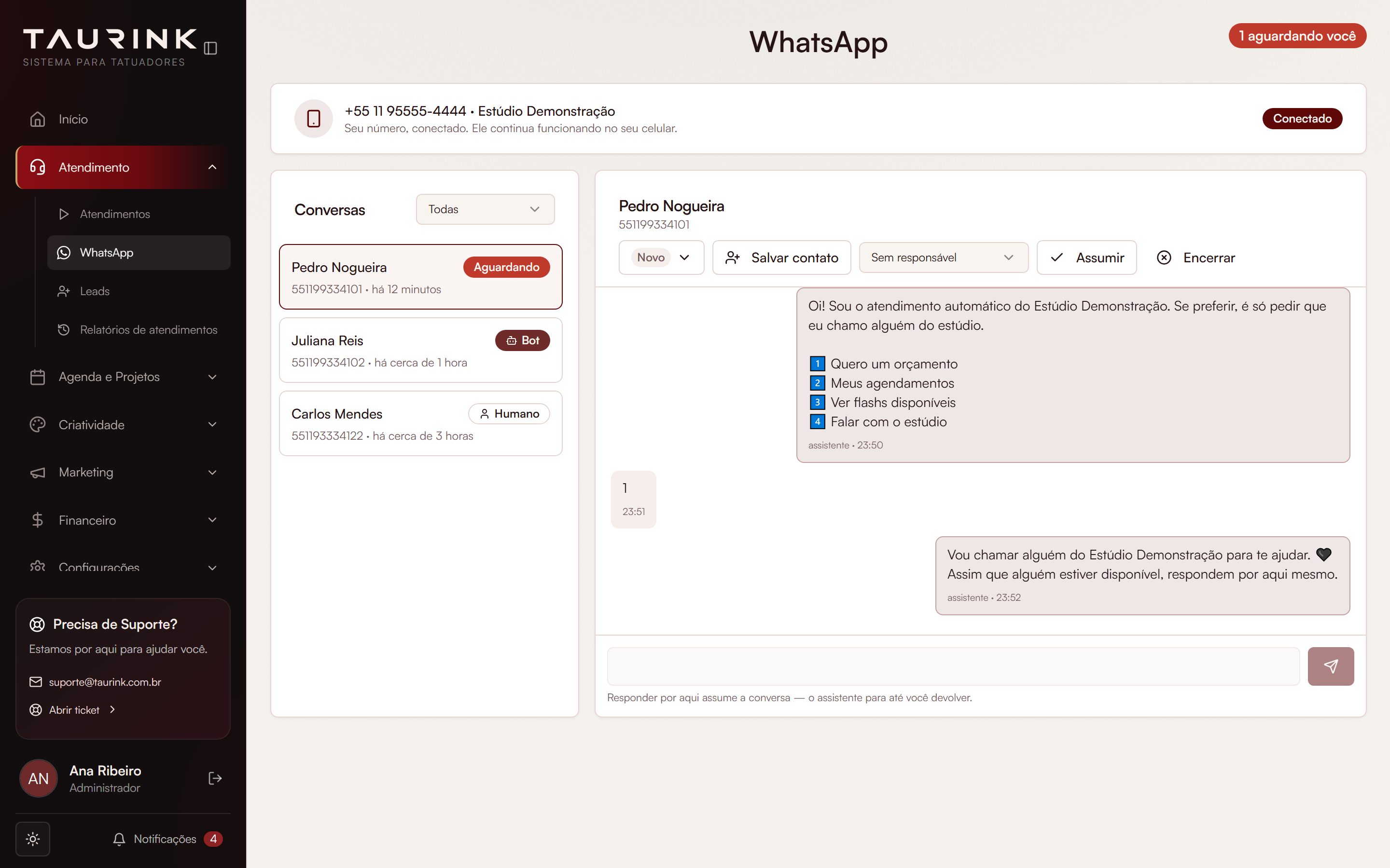 Demonstração do WhatsApp no TaurInk, com conversas e transferência do atendimento automático para o estúdio