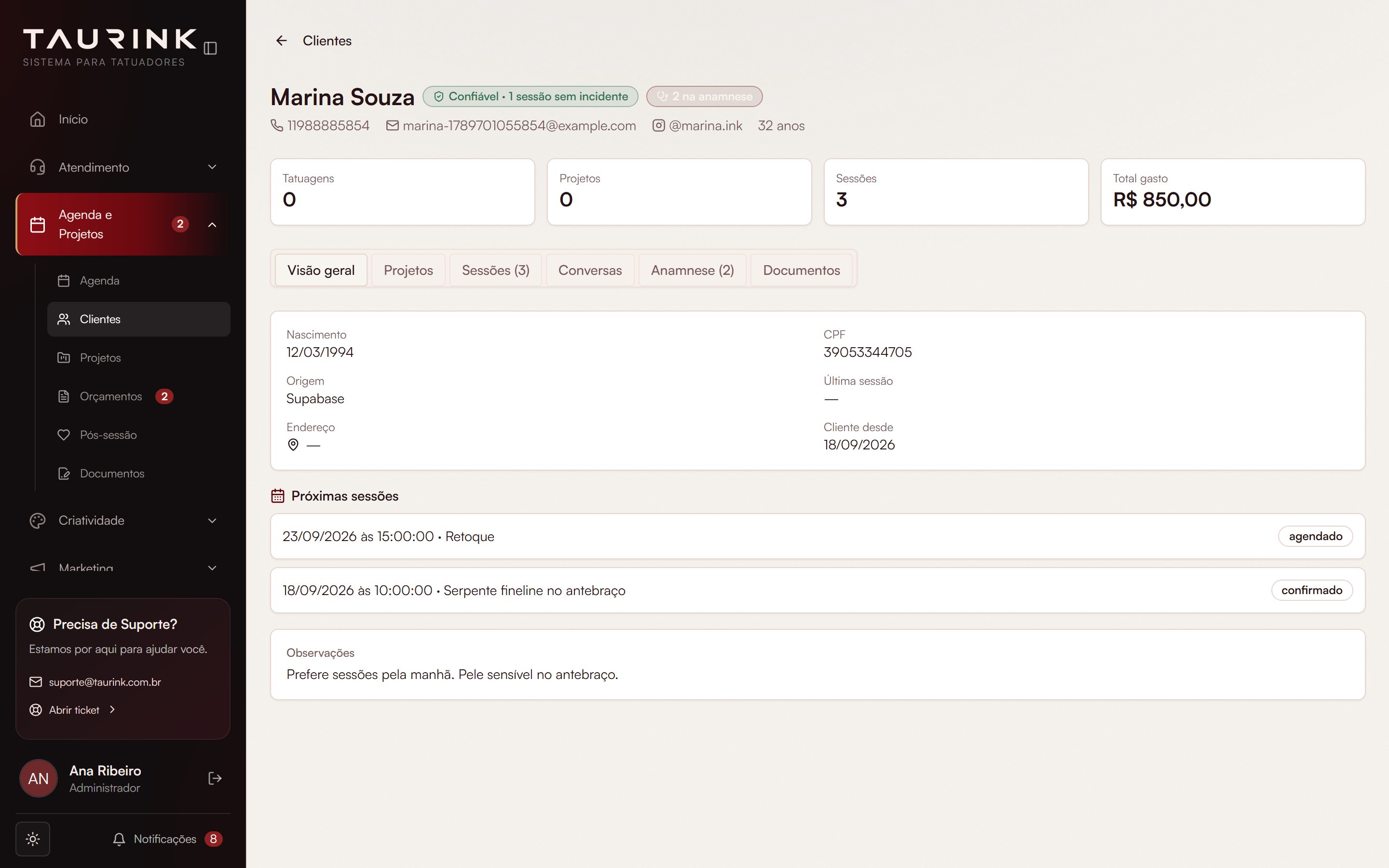 Ficha de cliente demonstrativa com sessões, projetos, conversas, anamnese e documentos
