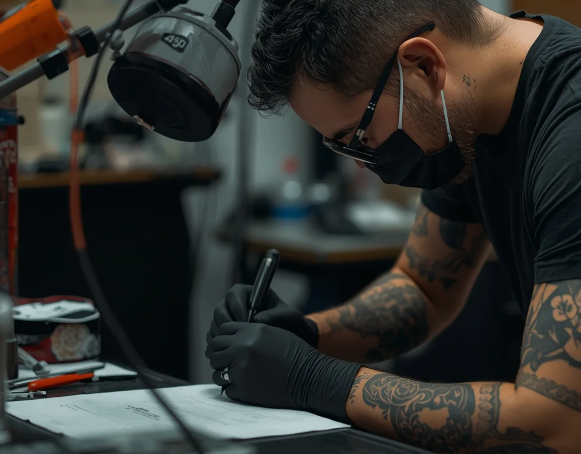 Tatuador trabalhando em um desenho no estúdio